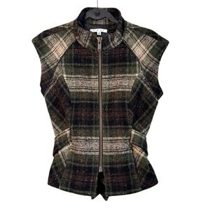 Cabi Womens Plaid Zipper Vest Size S Black Green Tan Leather Trim All Tied Up